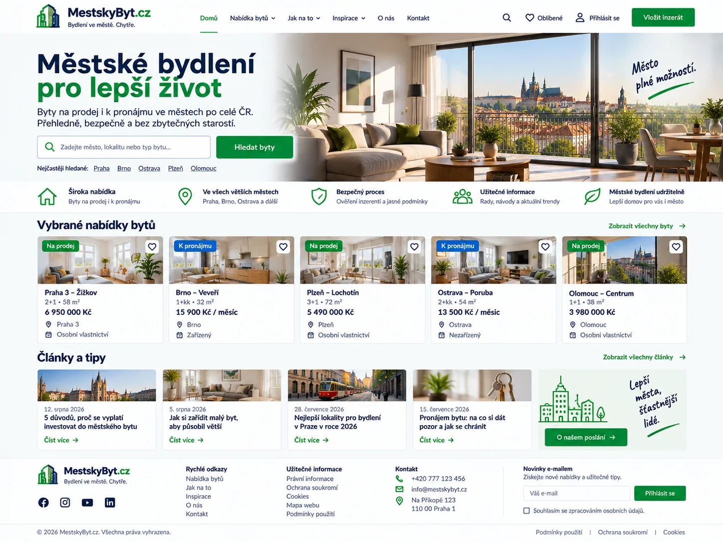 Ilustrační návrh portálu MestskyByt.cz s nabídkami bytů ve městech